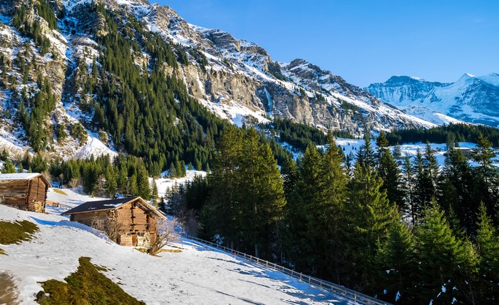 Wooden cabins in snowy Swiss Alps