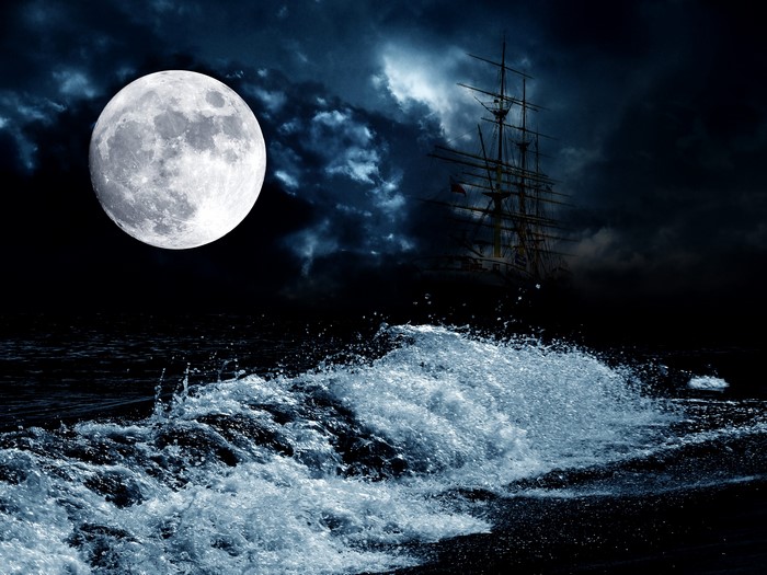 Sailing Ship on the Sea Under the Full Moon