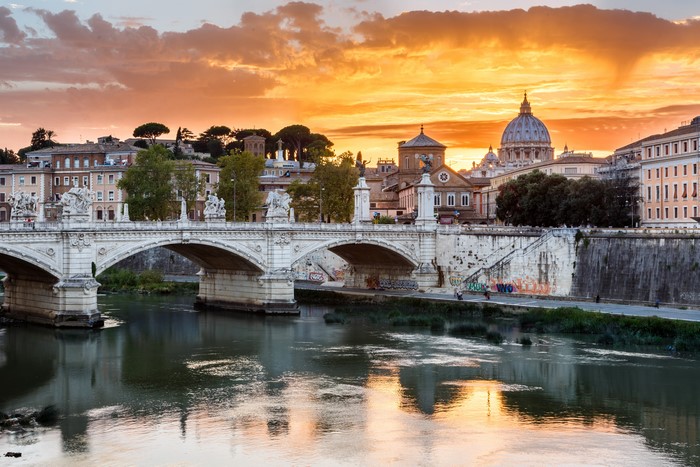 Rome, Italy: Bridge over Tiber River at Sunset