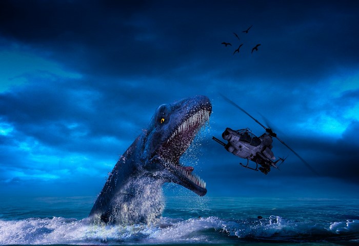 Dinosaur attacking a helicopter in the ocean
