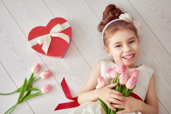 Girl with Tulips and Heart-Shaped Gift Box