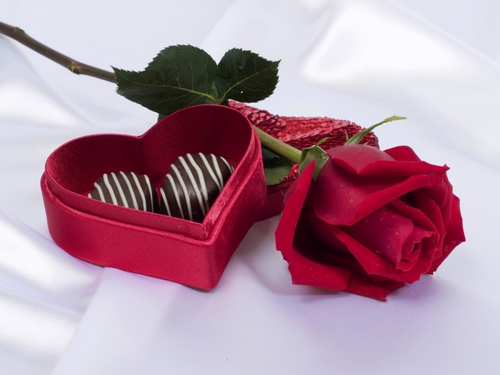Red rose and heart-shaped box with chocolates