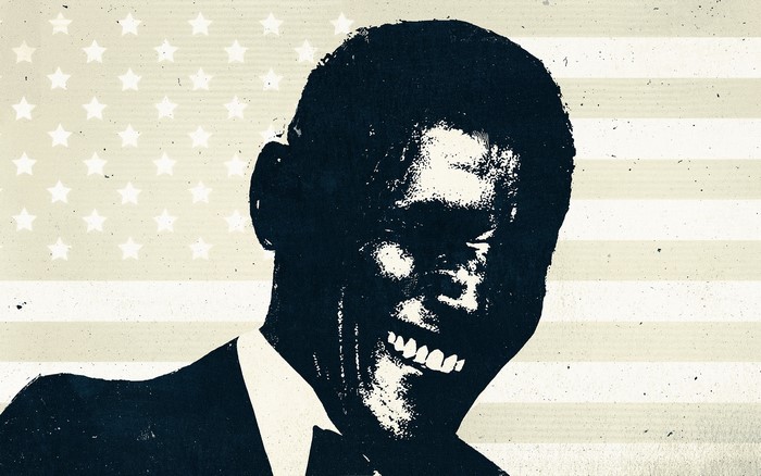 Barack Obama smiling against American flag