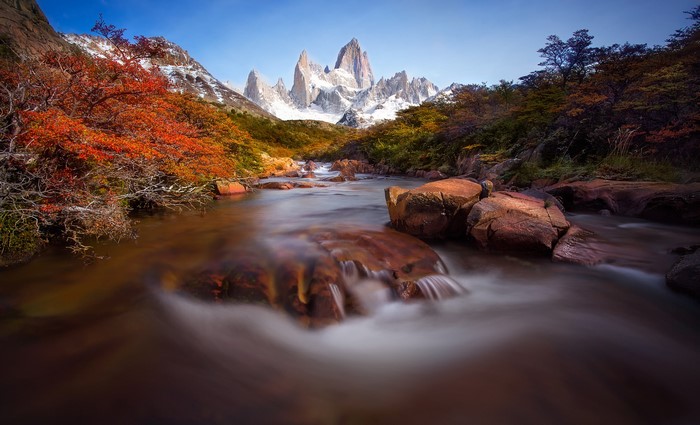 Fitz Roy Mountain Range and River in Patagonia
