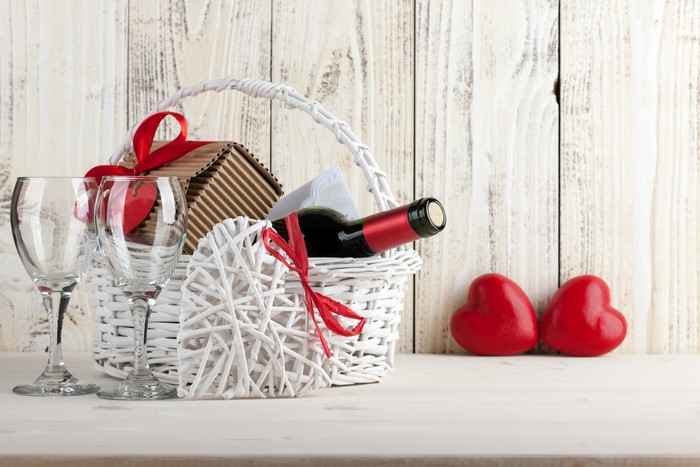 Valentine's Day wine basket with glasses and hearts