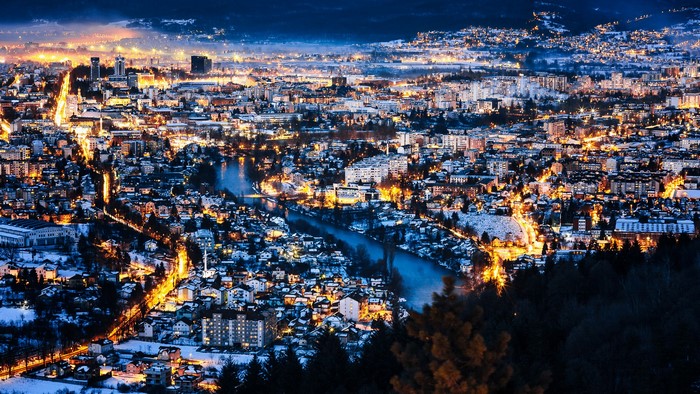 Banja Luka, Bosnia and Herzegovina at night with river and lights