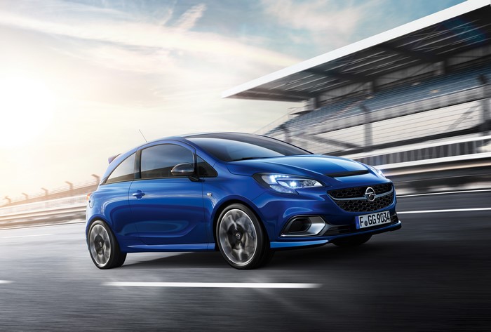 Blue 2015 Opel Corsa OPC on a Racetrack