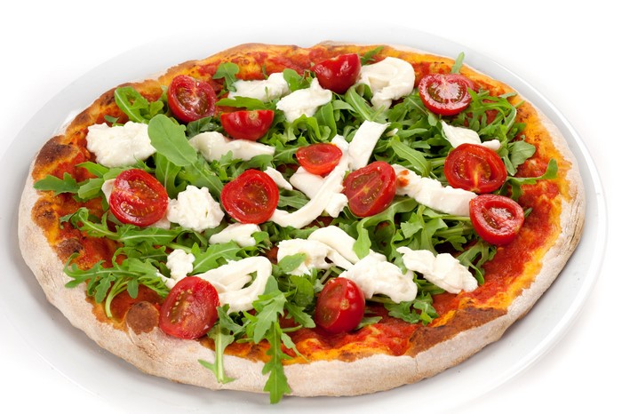 Pizza with Tomatoes, Mozzarella, and Arugula