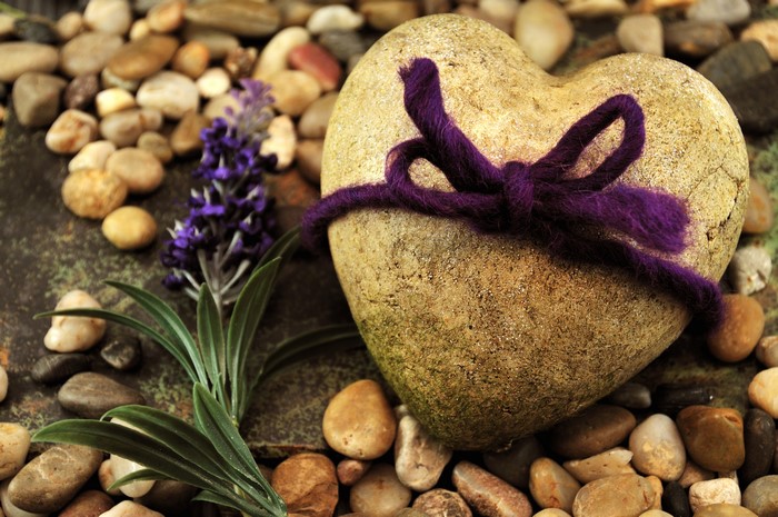 Heart-shaped stone with purple bow and lavender