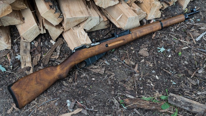 Wooden Mosin-Nagant rifle on forest floor