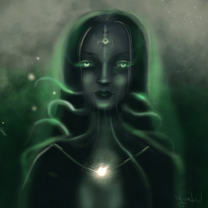Mysterious woman with glowing eyes and magical aura