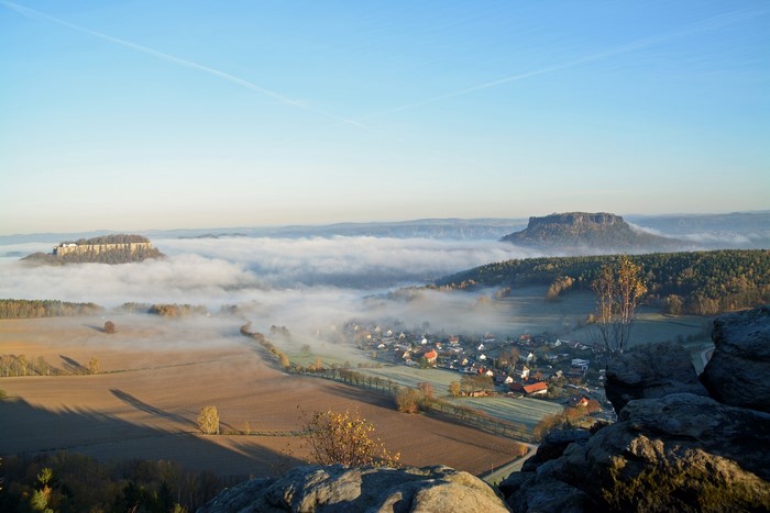 Misty morning over Saxon Switzerland National Park, Germany