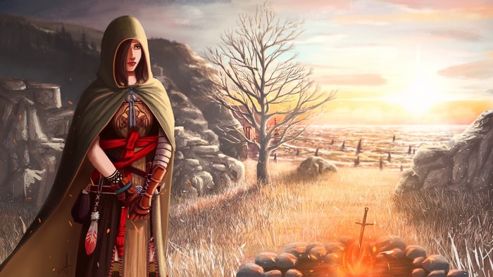 4K Dark Souls Bonfire with Woman in Cloak