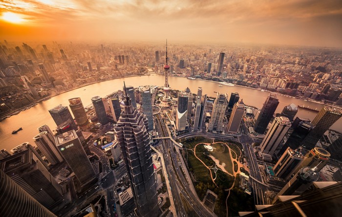Shanghai skyline with Oriental Pearl Tower at sunset