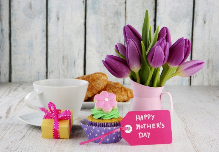Mother's Day breakfast with tulips and cupcake