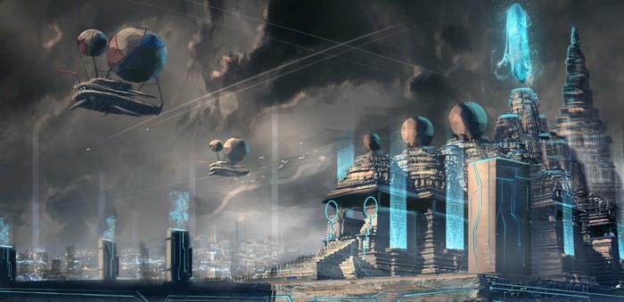 Fantastic world with futuristic city and airships