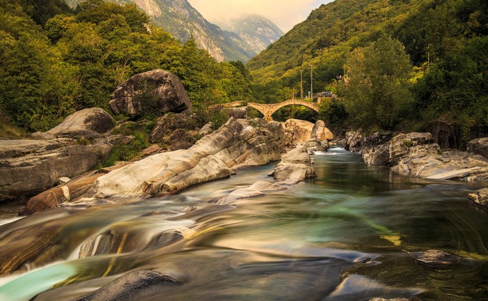 4K Verzasca Valley Switzerland Mountains River Bridge