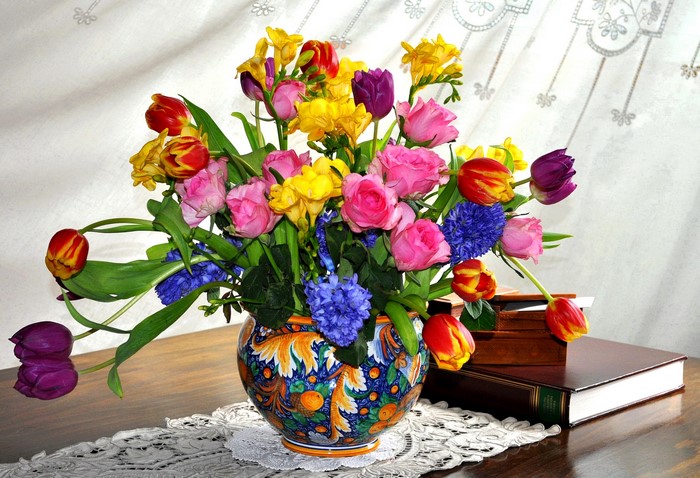 Colorful Spring Bouquet in a Decorative Vase