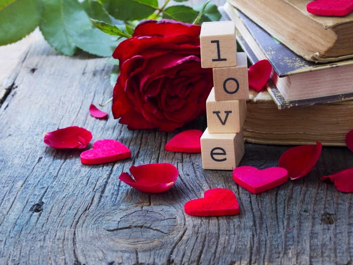Love blocks with rose and books