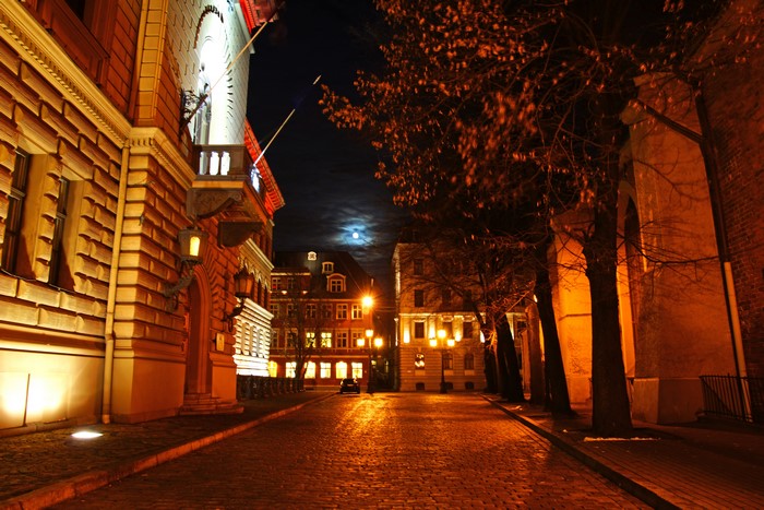 Riga, Latvia at Night with Moon