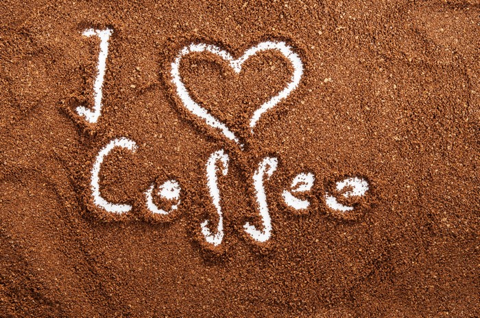 I Love Coffee written in coffee grounds