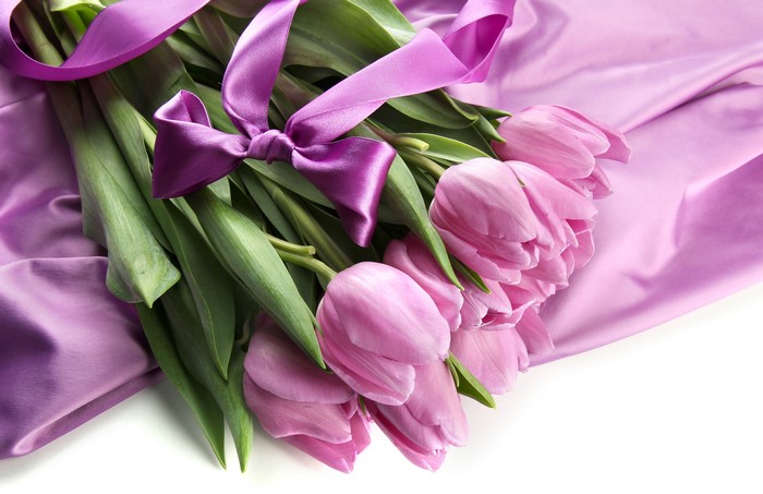 Pink Tulips with Purple Ribbon and Fabric