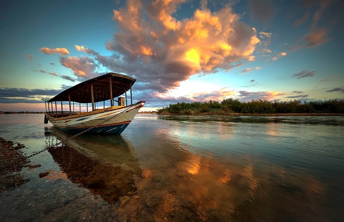 Boat on Rio Sao Francisco River at Sunset, Brazil