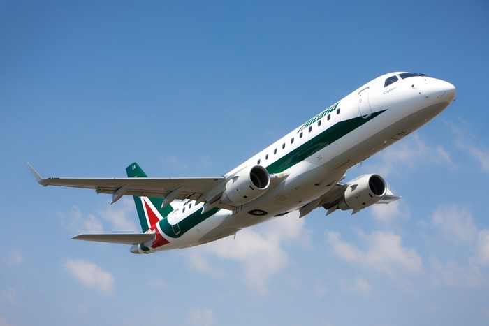 Alitalia Embraer E175 airplane in flight