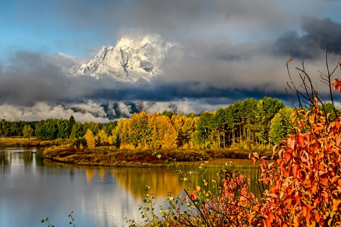 Grand Teton Mountains with Autumn Trees and Lake