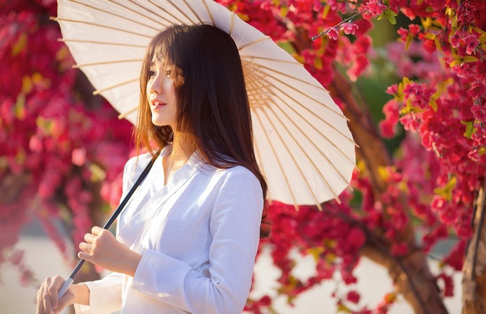 Asian woman with umbrella among pink flowers