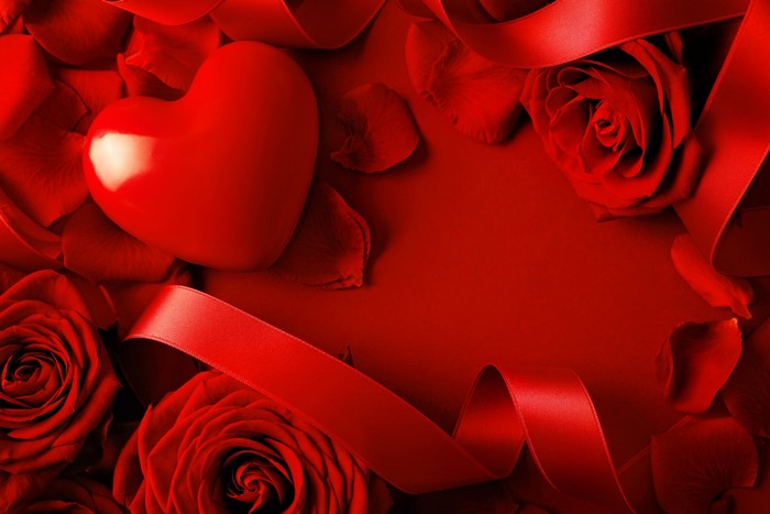 Red Heart, Roses, and Ribbon for Valentine's Day