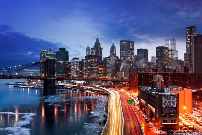 New York City Skyline and Brooklyn Bridge at Night