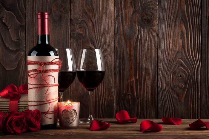 Valentine's Day Wine with Roses and Candle