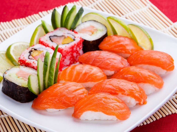 Salmon Sushi and Rolls with Lime and Cucumber