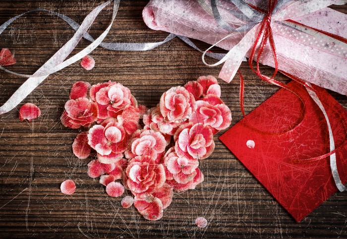Heart of Begonia Flowers with Gift and Ribbon