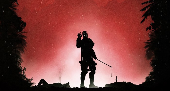 Deadpool in a red rainy jungle