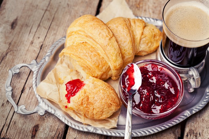 Croissants with jam and coffee on a tray