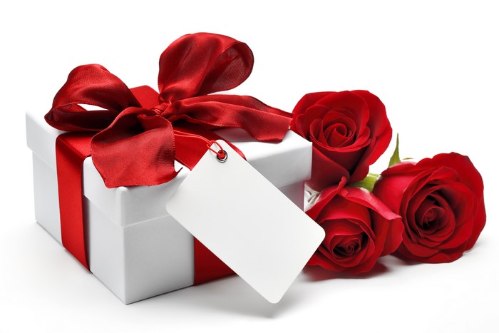 White Gift Box with Red Bow and Roses