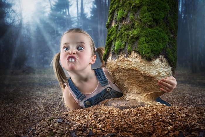 4K Playful Girl Making Funny Face by Mossy Tree