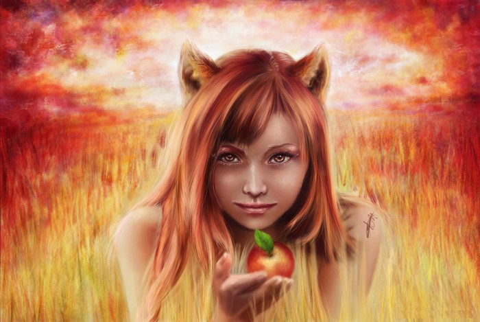 Redhead girl with cat ears holding an apple