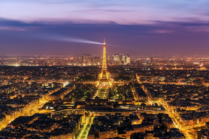Eiffel Tower and Paris cityscape at dusk from above