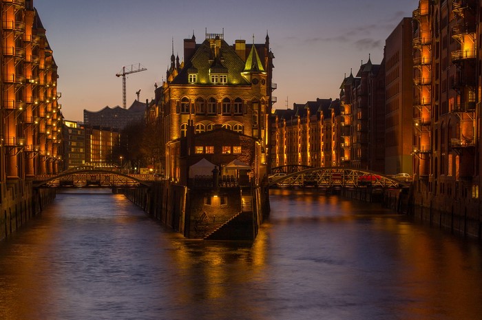 Speicherstadt Hamburg at night with canals and bridges