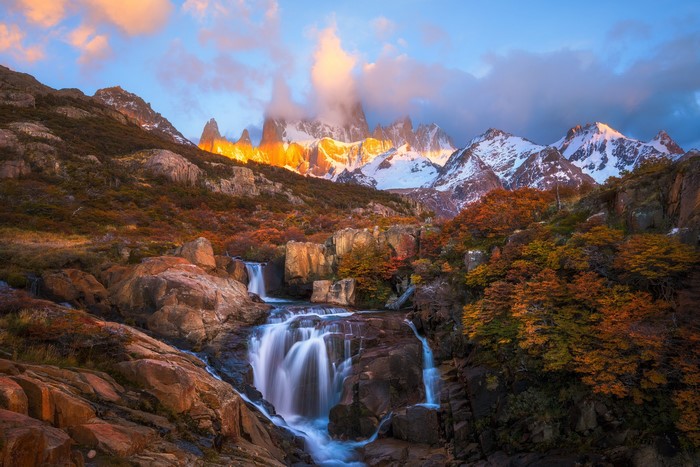 Patagonia Mountains with Autumn Trees and Waterfalls