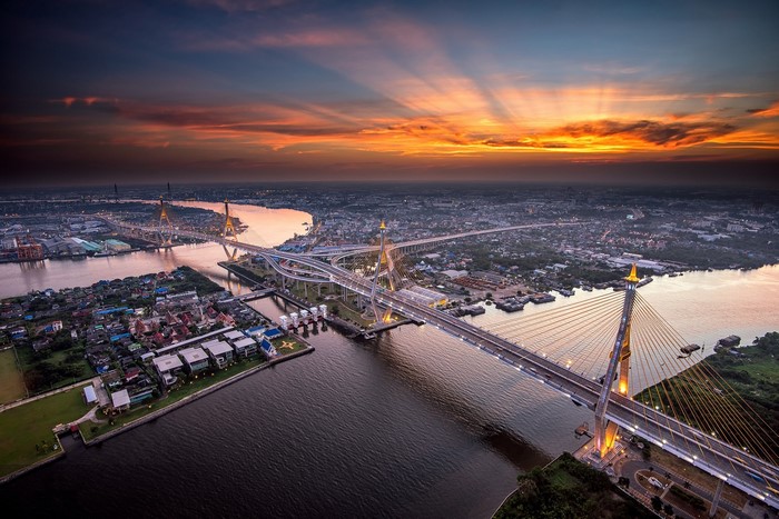 Bhumibol Bridge over Chao Phraya River at sunset, Bangkok