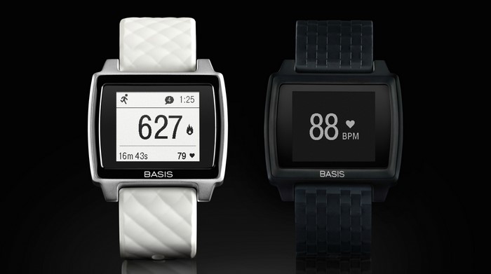 Two Basis smartwatches displaying fitness data