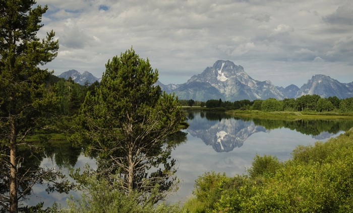 Mount Moran reflected in a lake in Grand Teton National Park, Wyoming
