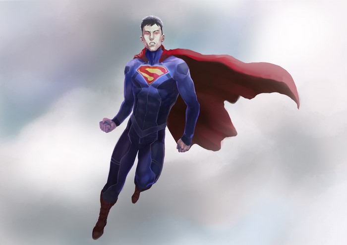 Superman flying with red cape