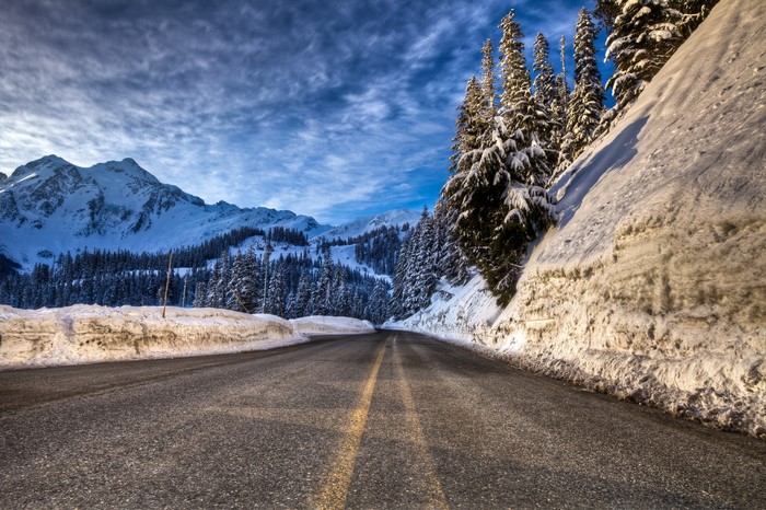 Snowy Mountain Road with Pine Trees