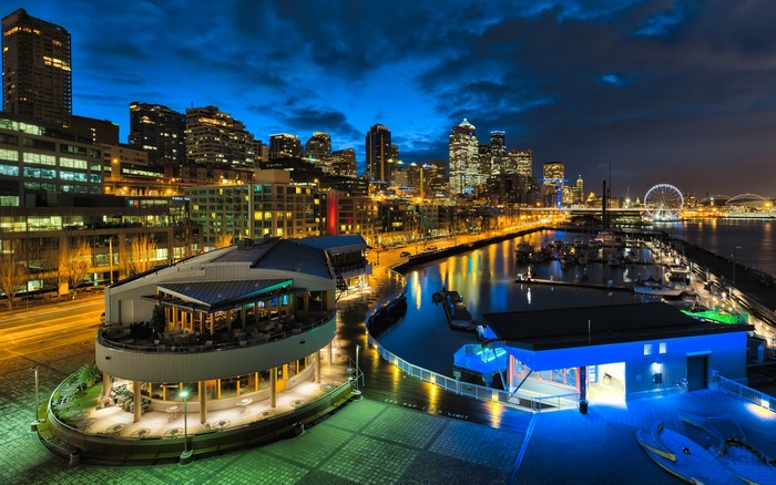 Seattle skyline and waterfront at night