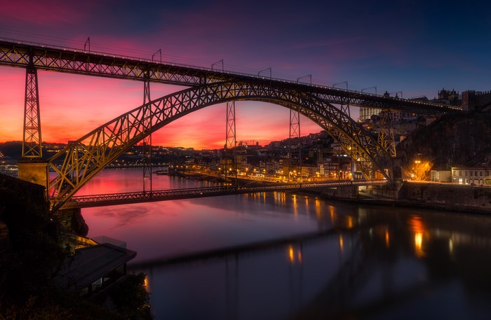 Dom Luís I Bridge over Douro River at Sunset, Porto, Portugal